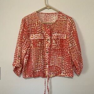 Hearts of Palm women's button down cinch bottom semi sheer flap pocket top EUC